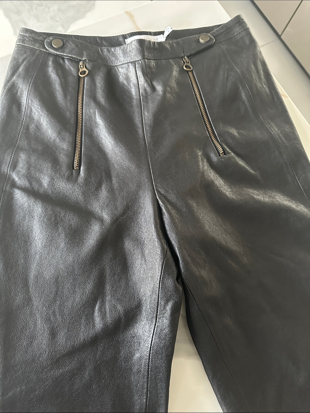 See By Chloe Black Leather Straight Pants with Zip Pockets